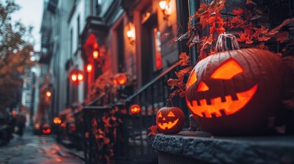 Wall Mural - spooky decorations in front of a building