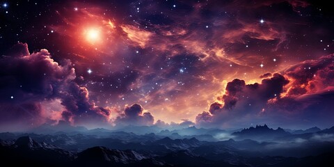 Wall Mural - a celestial tapestry of crimson and azure, painted across a starry night sky with silhouetted mounta
