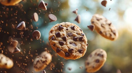 Wall Mural - A mouthwatering explosion of chocolate chip cookies flying in the air, creating a sweet whirlwind of flavor and fun, set against a beautifully blurred background.