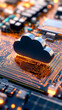 © MP-AI - close up view of cloud symbol on circuit board, representing cloud computing technology and digital innovation. intricate details and glowing elements evoke sense of advanced technology and