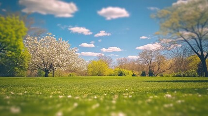 Poster - A picturesque spring scene of a trimmed lawn, trees, and bright blue sky with clouds, blurred into a dreamy background, evoking a peaceful natural setting.