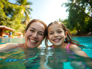 A joyful mother and daughter share smiles while enjoying a refreshing dip in a lush swimming pool under the bright sun, capturing a moment of happiness and connection.