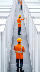 Workers assembling modular infrastructure in large urban setting, wearing safety gear and helmets, focused on their tasks. scene conveys teamwork and efficiency