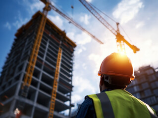 Construction worker observing tall building under construction with cranes in background. scene captures dedication and effort involved in modern architecture and engineering