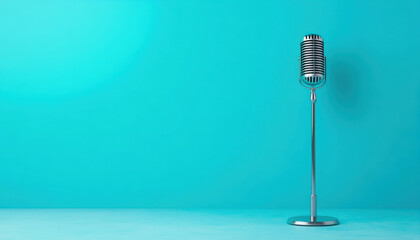 vintage microphone stands elegantly against vibrant turquoise background, symbolizing creativity and expression in audio and music