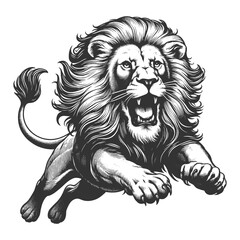 Wall Mural - lion in a powerful pouncing position, with a flowing mane, drawn in an engraving style sketch engraving generative ai vector illustration. Scratch board imitation. Black and white image.