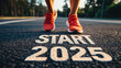 © OP38Studio - New year 2025 or start straight concept, word 2025 written on the asphalt road and athlete woman running preparing for new year at sunset, goals and plans for the next year, generative ai