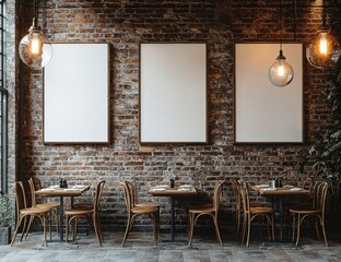 Contemporary cafe interior with empty white canvases on a rustic brick wall, paired with wooden tables and chairs under warm industrial lighting