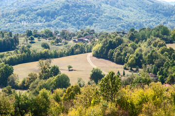 Rural landscape in late summer on sunny day from above view