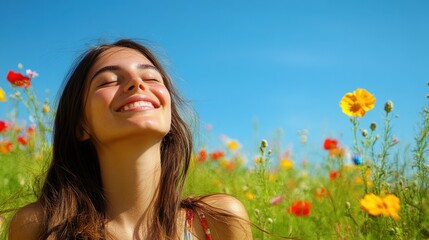 Young Woman Enjoying Nature in a Colorful Meadow