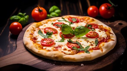 Delicious pizza topped with fresh basil and tomatoes, perfect for a savory meal.