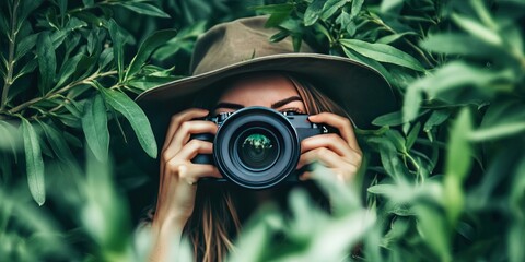 woman with camera hiding in bushes