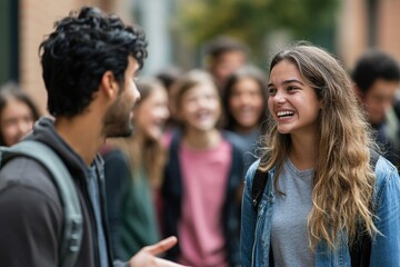 A teacher talking to a distressed student in the foreground, with a blurred group of students laughing in the background, highlighting school bullying