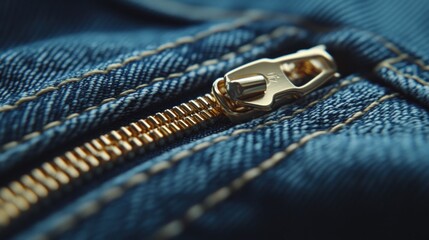 Close-up of a Gold Zipper on Denim