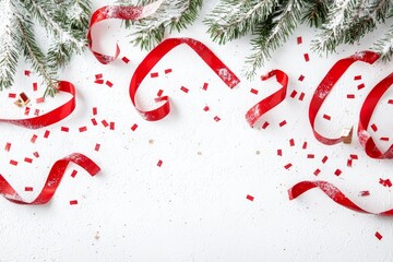 Aufkleber - Christmas fir branches, red decoration, pine cones all in a creative frame on a white background. Greeting card for Xmas and New Year. Flat lay, top view.