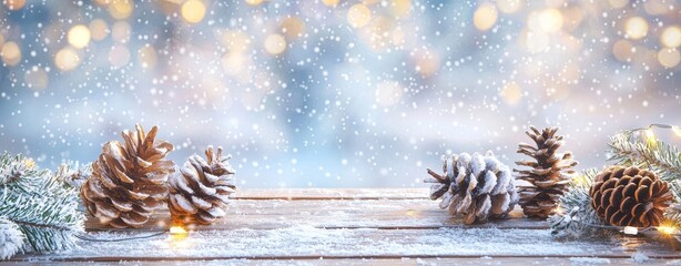 Canvas Print - Branches of pine and pinecones on a snowy table with Christmas lights