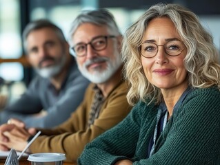 Three mature adults smiling and looking at the camera in a business meeting.