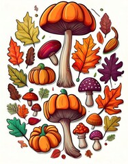 Wall Mural - An assortment of autumn icons featuring mushrooms, leaves, and acorns in vibrant seasonal colors. Generative AI