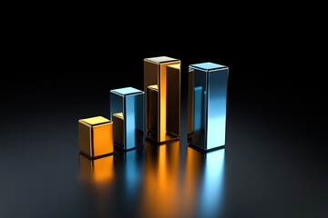 A modern 3D bar graph showcasing growth with metallic colors and smooth reflections on a dark background.