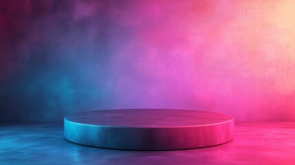 Wall Mural - a circular podium with a concrete texture stands on a reflective surface in front of a wall with neo