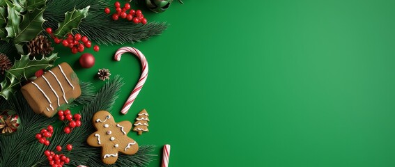 Poster - An illustration of Christmas decorations with a gift box on a green background.