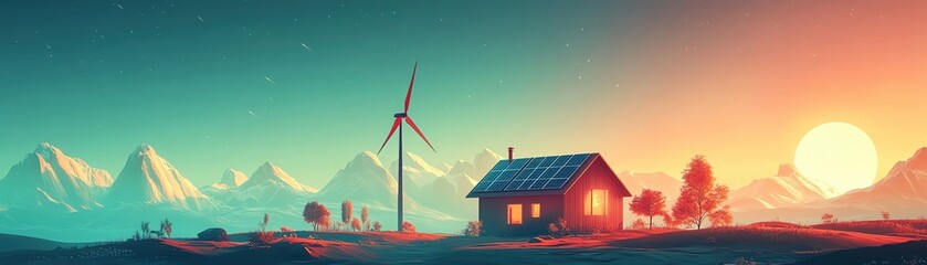 Renewable energy grid with wind and solar power, ecofriendly infrastructure, open area for text, flat design illustration