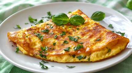 Golden cheese omelette garnished with fresh herbs on a white plate, showcasing a perfect blend of fluffy eggs and melted cheese for a delicious breakfast.