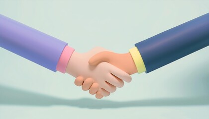 business deal sealed: a 3d illustration of two cartoon businessmen shaking hands over a table, symbo