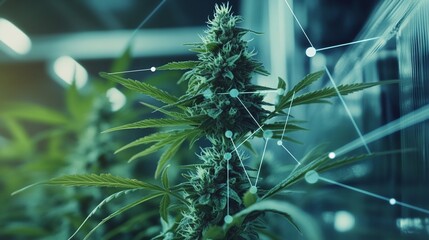 Closeup of cannabis plant with digital network overlay, symbolizing the intersection of nature and technology in modern marijuana cultivation.