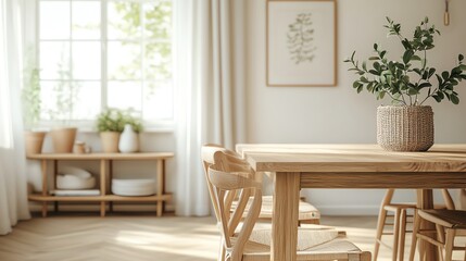 A Scandinavian dining room with light wood furniture