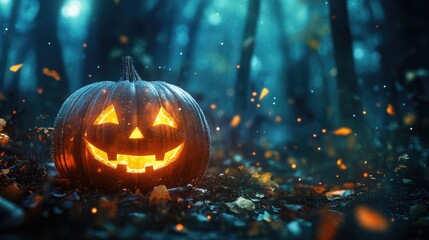 Wall Mural - pumpkin in enchanted forest at night