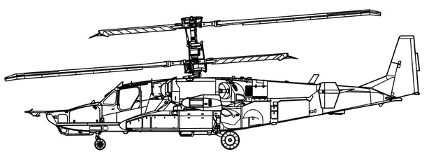 Poster - Drawing of russian military helicopter. Black shark.
General side view. Cad scheme.
Model, contour, sketch.