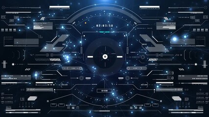 Aufkleber - HUD screen surveillance aerial view fly through in cyber low poly galaxy. Technology digital head up display UI scanning interface 4K motion background.