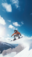 Wall Mural - a photo of the man jumping with snowboard from the hill.