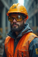 Hispanic man construction worker in hard hat and safety glasses during project, construction site