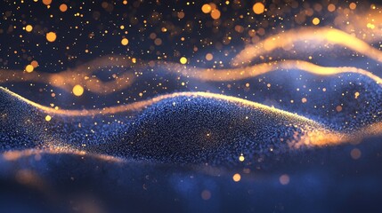 Wall Mural - Motion of abstract particles in blue and gold with a dynamic flow and wind blowing effect