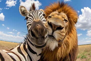 Poster - Zebra and lion animal wildlife mammal.