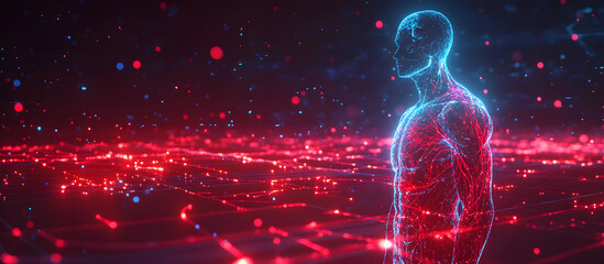 Wall Mural - a man stands in a red and blue field of dots