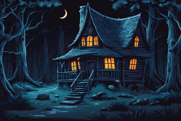 Old witch's house. Strange but dark forest fantasy house, evil building, mysterious and scary witch, tree house, cabin, cartoon vector illustration