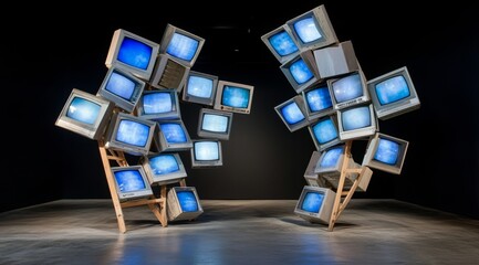 Two Ladders with Multiple Televisions Hanging and Suspended in Mid-Air