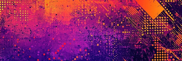 Poster - A lively abstract composition showcases a mix of purple and orange hues, featuring diverse patterns and textures that create an engaging visual experience