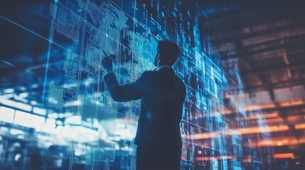 A businessman interacting with digital data on a futuristic interface in a modern office environment.