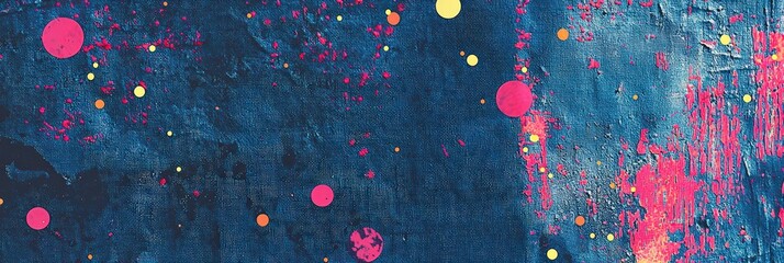 Poster - Vivid splashes of pink, yellow, and orange paint contrast against a deep blue canvas, creating an eye-catching abstract composition rich in texture and color