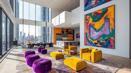 Poster - A contemporary living space features bold yellow and purple furnishings, a colorful rug, and expansive windows showcasing a stunning city skyline