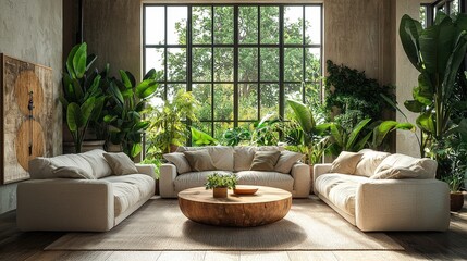 Poster - A spacious living area features two plush sofas facing each other around a wooden coffee table. Large windows allow natural light to flood in, surrounded by lush green plants