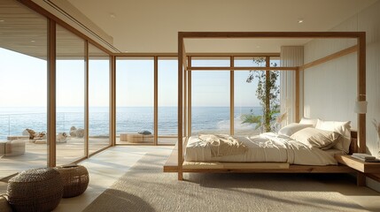 Poster - The spacious bedroom features large glass windows showcasing breathtaking ocean views. Soft sunlight illuminates the cozy furnishings, creating a serene, calming atmosphere