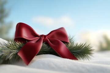 Red Satin Bow with Pine Branches on Snowy Background