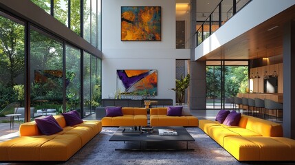 Poster - A contemporary living area features plush orange sofas with purple cushions, large windows inviting natural light, and colorful art on the walls, creating a bright and inviting atmosphere