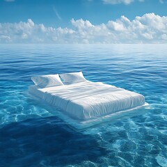 a surreal scene of a bed floating on calm ocean waters under a bright blue sky with fluffy clouds.