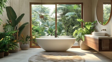 Poster - A spacious bathroom features a sleek freestanding tub, surrounded by indoor plants, with large windows offering views of a vibrant garden bathed in sunlight